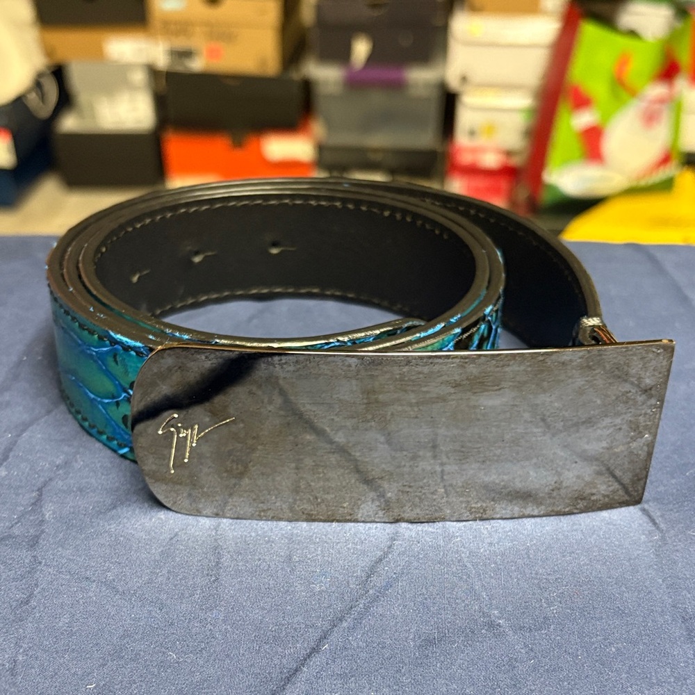 Giuseppe Zanotti Crocodile Stamped Plaque Blue Belt